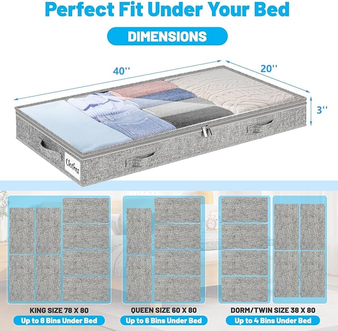 3 Inch Low Profile Under Bed Storage Drawer 2 Pack, Lightweight Underbed Clothes Storage Container Bins with NO STURCTURE, Shallow Storage Bag for Dorm & Home, With Clear Lids & Water-Resistant Fabric