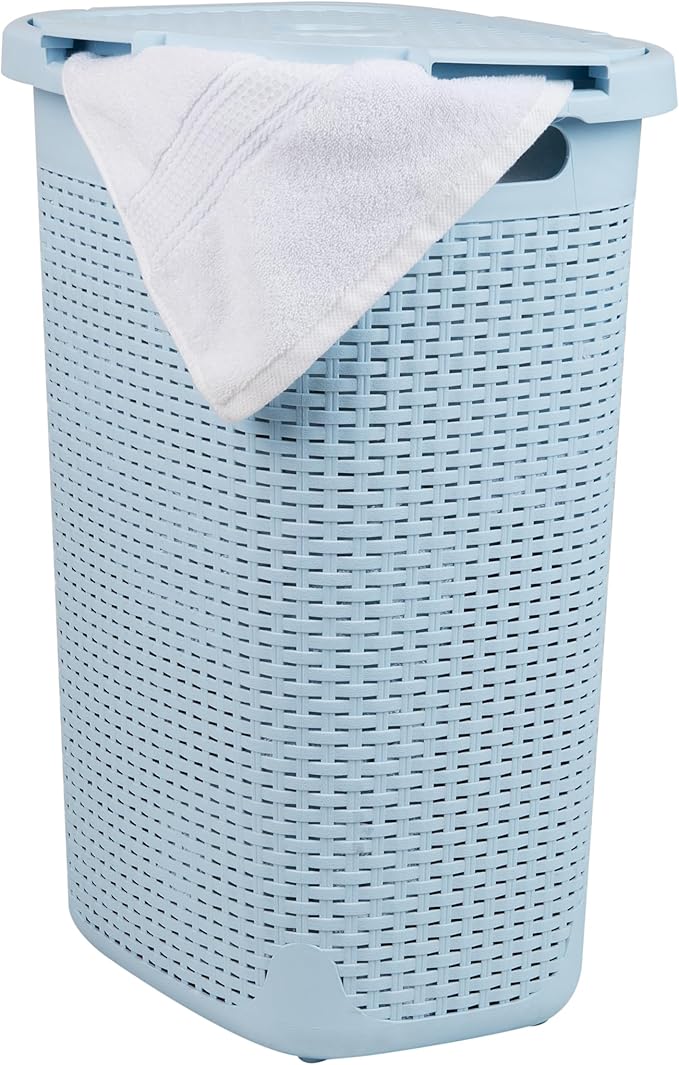 Mind Reader Slim Laundry Hamper with Lid, 60L Clothes Basket, Premium Wicker Design, Plastic, Baby Blue