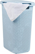 Mind Reader Slim Laundry Hamper with Lid, 60L Clothes Basket, Premium Wicker Design, Plastic, Baby Blue