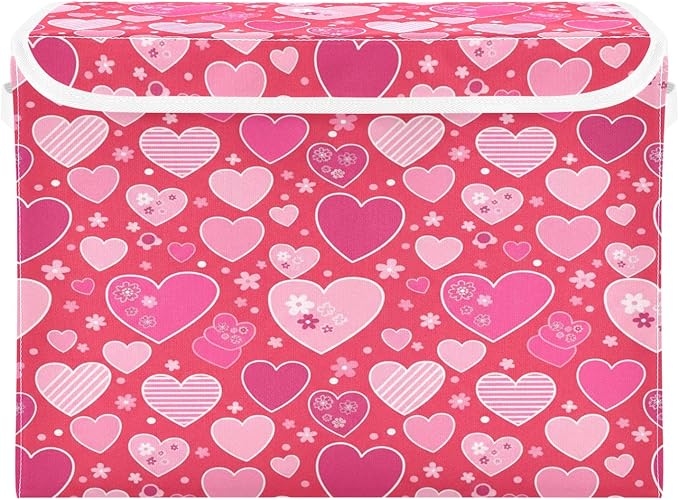 Bolaz Valentines Red Heart Flower Florals Storage Bins with Lids and Handles, Foldable Storage Box Storage Basket with Cover Collapsible Organizer Containers for Home Closet, Shelves