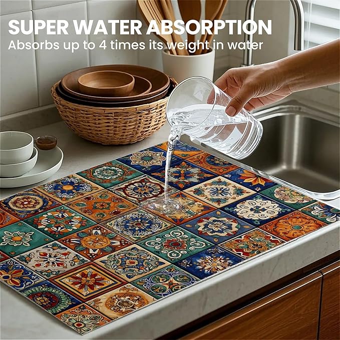 Dish Drying Mat For Kitchen Counter, Talavera Mexican Tiles Microfiber Absorbent Dish Drainer Rack Pad Reusable Large 18x24in Drying Mat