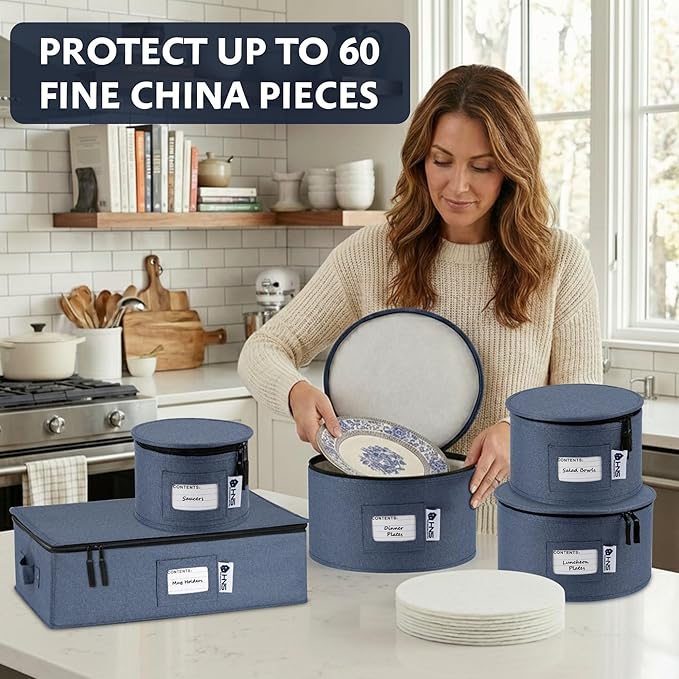 China Storage Hard Shell Containers 5-Piece Set Moving Boxes for Dinnerware, Glasses, Plates, Mugs and Saucers Sturdy Dish Organizer with Dividers for Seasonal Storage - Service for 12 - Denim Blue