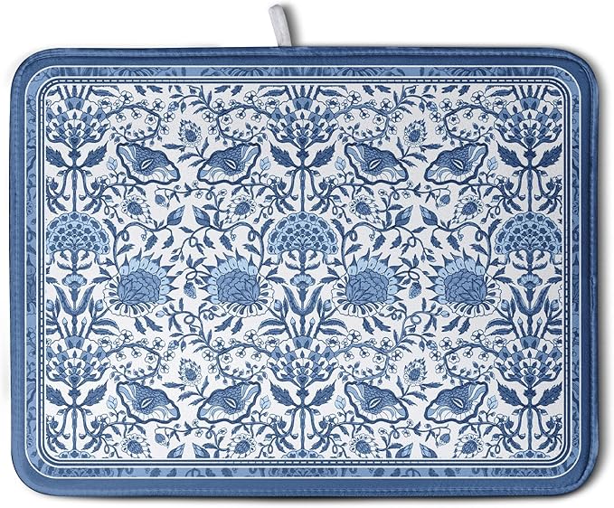 Blue Floral Dish Drying Mat for Kitchen Counter Boho Flowers Dishes Drainer Mats Rustic Farmhouse Microfiber Absorbent Dish Draining Spring Summer Reversible Dish Rack Pad Large 18x24 Inch