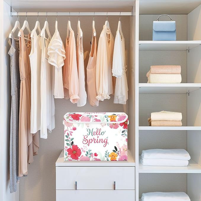 Bolaz Spring Flowers Storage Bins with Lids and Handles, Foldable Storage Box Storage Basket with Cover Collapsible Organizer Containers for Home Closet, Shelves