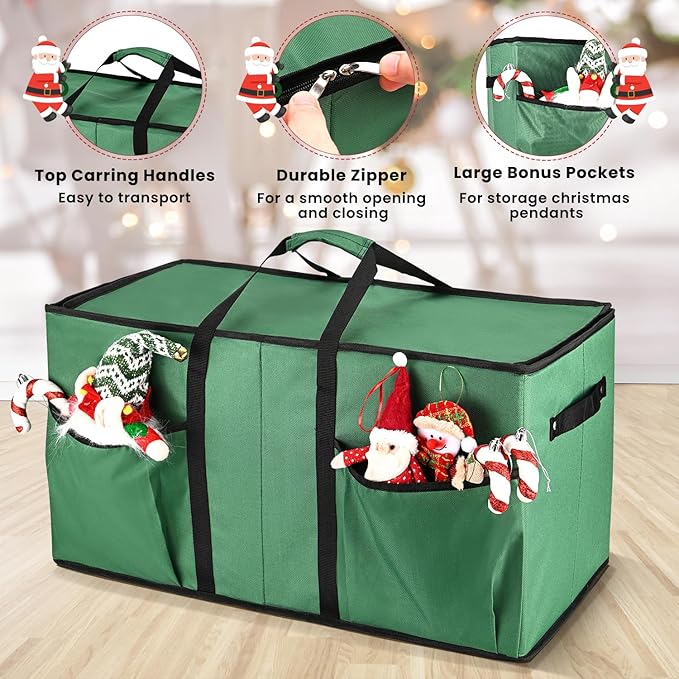 Mrrihand Christmas Ornament Storage Box, Ornament Storage Container with 8 Trays-Xmas Decoration Organizer Keeps 128 Holiday Ornaments 3-Inch, Dual Zipper Closure, 600D Tear-Proof（Green）