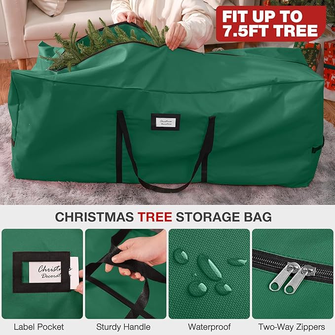 3 Pack Christmas Tree Storage Bag, for 7.5 Ft Artificial Trees up, Durable Waterproof With Reinforced Carrying Handles, Xmas Holiday Garland Bag Storage Case (7.5 Ft, Green)