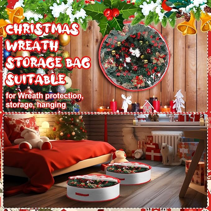 Aliceset 4 Pack Wreath Storage Containers, Christmas Ornament Garland Wreath Storage Bags with Handle Dual Zipper Large Decorative Storages Box for Winter Wreaths(36 x 36 x 7.8 Inch,White)