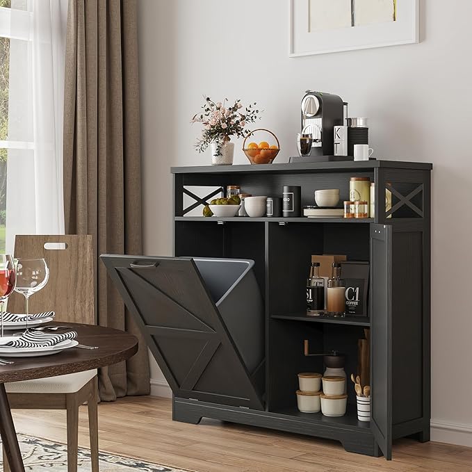 Tilt Out Trash Can Cabinet for 13 * 1 Gallon Trash Can, Farmhouse Kitchen Island Cabinet with Adjustable Shelf for Hidden Laundry Basket, Dog Proof Garbage Can for Dining Living Room, Black