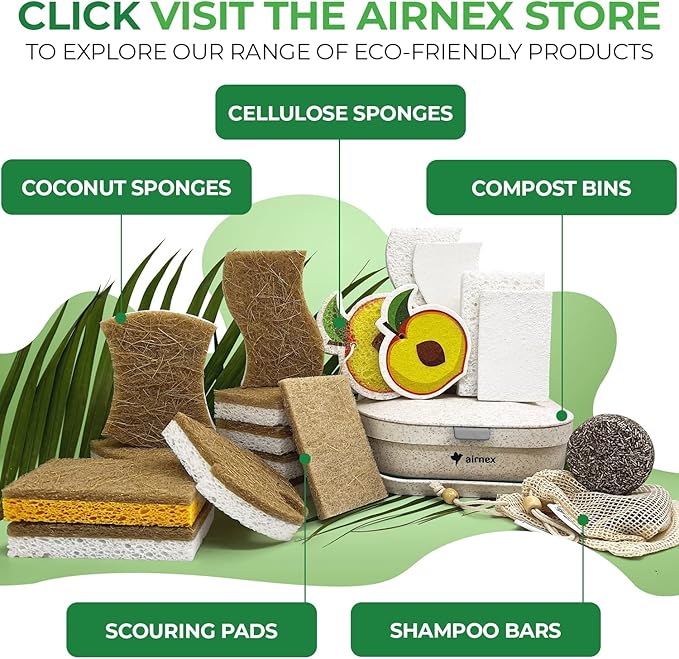 AIRNEX Natural Kitchen Sponges Pack of 18 - Biodegradable Cellulose and Coconut Husk Walnut Scrubbers - Odor Free Non Scratch - Eco Friendly Quick Drying Dishwashing Sponges