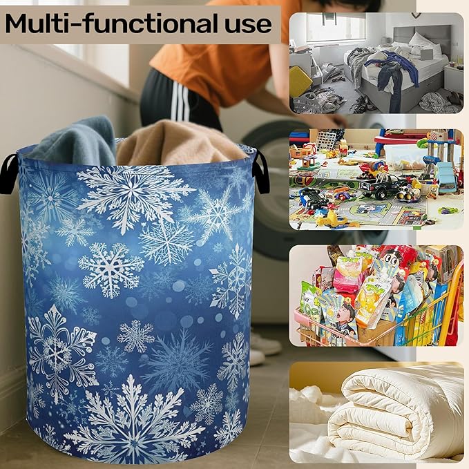 Winter Snowflakes Large Clothes Hamper Bag - Laundry Basket with Handles, Space Saving Foldable Design for Nursery