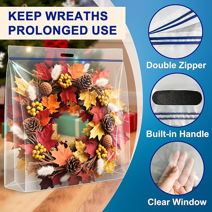 Extra Large Wreath Storage Bag, 24"x24"x7", Clear Storage Bag with Handle, Summer Christmas Decoration Garland Container for Seasonal Thanksgiving Holiday Artificial Wreath, 4 Pack