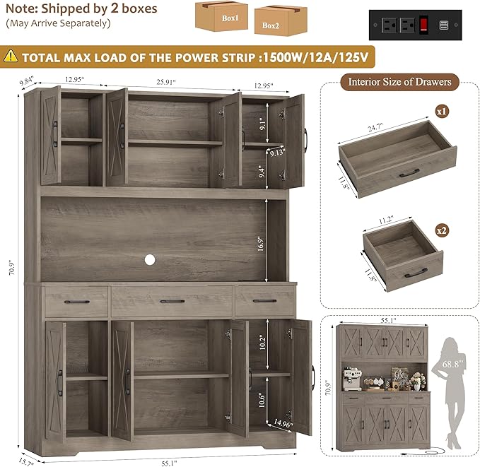 HOSTACK 71" Tall Kitchen Pantry Storage Cabinet with Charging Station, 55" Wide Kitchen Hutch Cabinet with Large Countertop, Farmhouse Food Pantry with Drawers for Living Room, Ash Grey