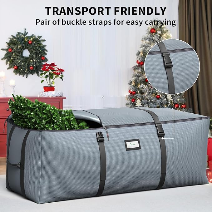 Christmas Tree Storage Bag, Fits Up to 9 Ft Artificial Christmas Tree with Buckle Straps & Dual Zippers & Handles, 600D PVC Durable Waterproof Material Protects from Dust (Grey)