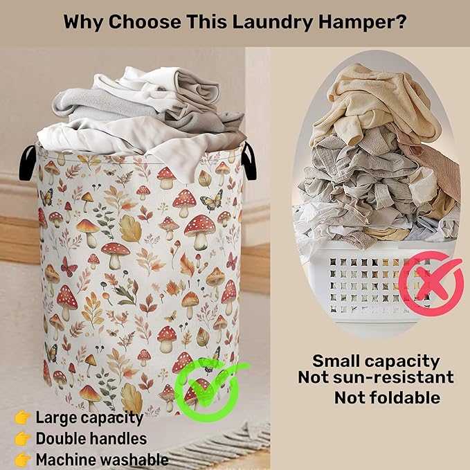 Fall Mushroom Laundry Hamper - Waterproof Fabric Laundry Basket with Handles, Foldable Storage Basket for Laundry,Bedroom,Dorm