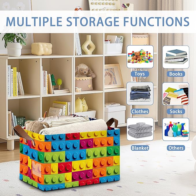 Colorful Building Blocks Collapsible Storage Box,Organizer Bin with Handles for Room Decoration,Bins Book Basket Box 17x11.5x10Inch