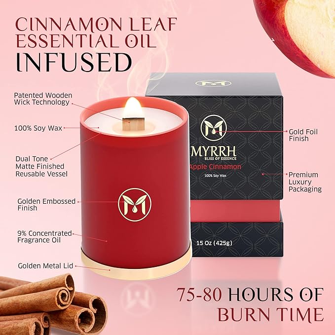 MyrrhUSA Apple Cinnamon Scented Candle – 15 oz Natural Soy Wax with Crackling Wooden Wick & Essential Oil | 80 Hour Burn | Luxury Aromatherapy Candle for Relaxation, Home Décor, Living Room & Bathroom