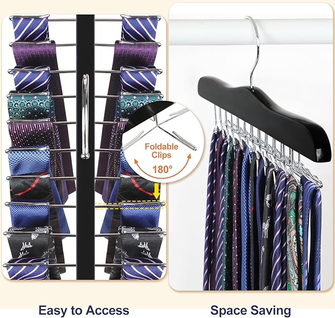 TOPIA HANGER Tie Rack Hanger for Closet, Wooden Tie Organizer for Men with 24 Folding Hooks, Space Saving Necktie Holder for Storage and Display Bra, Tank Top, Camisole (2-Pack), Black- CT14B-2