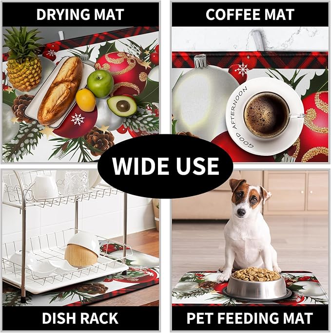 Kwlegh Christmas Red Buffalo Plaid Dish Drying Mat for Kitchen Counter 16x18 Inch Winter Xmas Ball Snowflake Pine Cones Dishes Drying Mat Microfibe Super Absorbent Dish Rack Pad for Coffee Bar Sinks