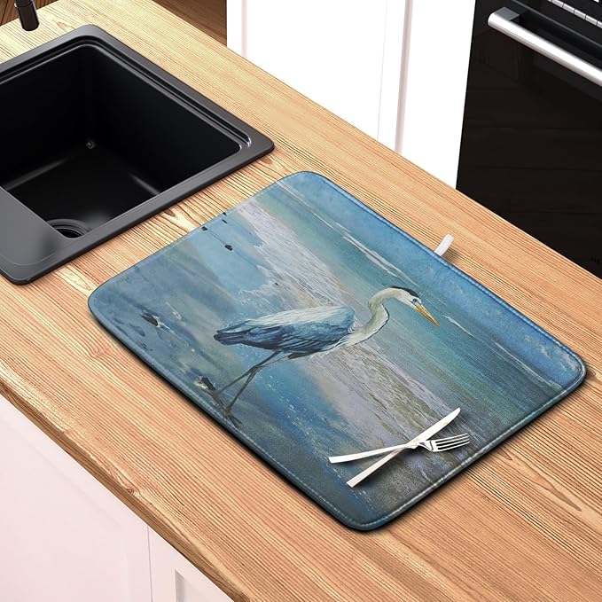 Kwlegh Summer Blue Dish Drying Mat for Kitchen Counter 16x18 Inch Heron Coastal Beach Drying Mats Nautical Ocean Bird Dishes Drainer Mats Microfiber Absorbent Dish Rack Pad