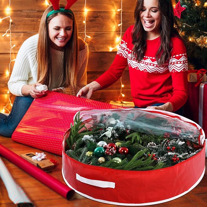 4 Pcs 36 Inch Christmas Wreath Storage Bag Candy Cane Wreath Storage Container Clear Window Dual Zipper Handle Red White Peppermint Garland Organizer for Holiday Decoration, Cute Lollipop