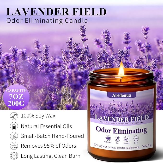 Lavender Odor Eliminating Candles | Eliminates 95% of Pet, Bad Smell & Bathroom Odors – 7oz Hand Poured Soy Candle - Aromatherapy Stress Relief Scented Candles - Relaxing Gifts for Calm & Fresh Homes