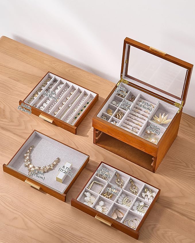 Lolalet Jewelry Box, Clear Window Wood Grain Jewelry Storage for Earrings Bracelets Necklaces Rings, High Capacity Organizer for Women -Cherrywood, 4 Layers