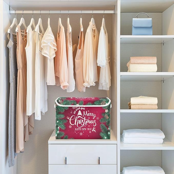 Christmas Baskets Collapsible Storage Bins with Lids, Merry Christmas Happy New Year Storage Boxes Clothes Baskets for Organizing