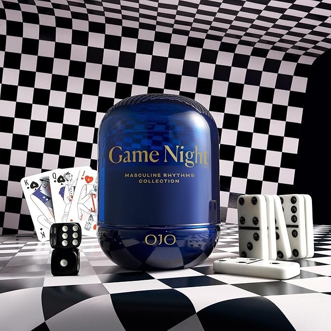 OJO Game Night Scented Candle – 7.8 oz Jar Candle with Deep Love, Woody, Ambery | Over 35-Hour Long-Lasting Burn | Premium Blend Wax, Home Fragrance and Gift for Special Days
