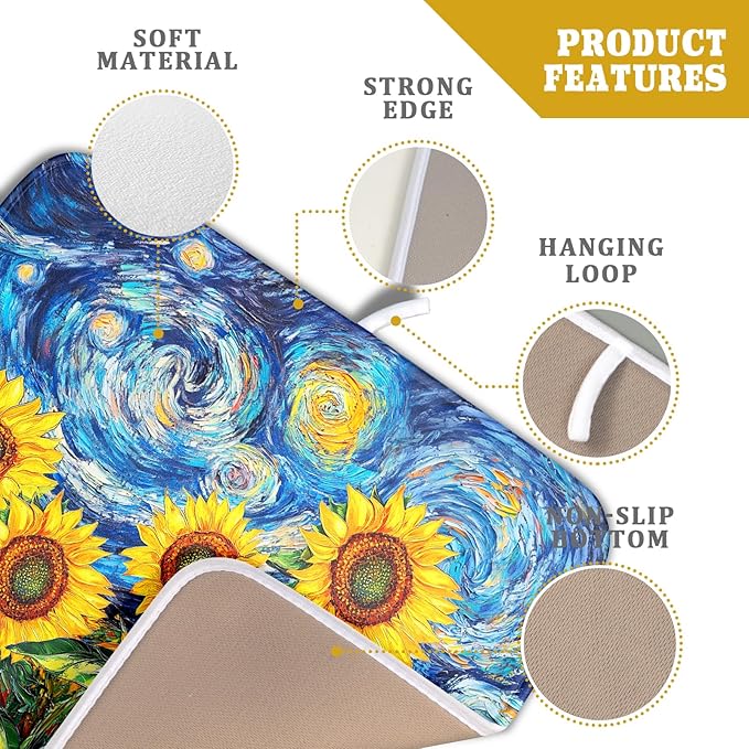 Sunflower Dish Drying Mat for Kitchen Counter 18x16 Inch Starry Night Drying Mat with Absorbent Reversible Microfiber Farmhouse Floral Dish Drainer Mats Rack Pad for Coffee Countertop Protector