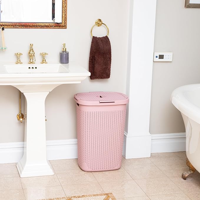 Mind Reader Slim Laundry Hamper with Lid, 60L Clothes Baskets, Premium Wicker Design, Plastic, 2-Pack, Pink