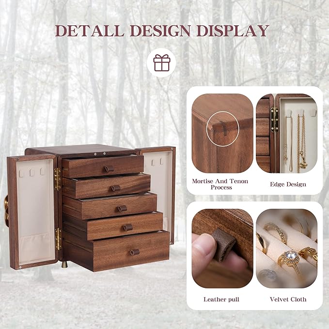 Jewelry Box for Women Girls, Wooden Jewelry Box Organizer Functional With Drawers, 5 Layers Jewelry Storage Organizer for Earring, Ring, Necklace, Bracelets