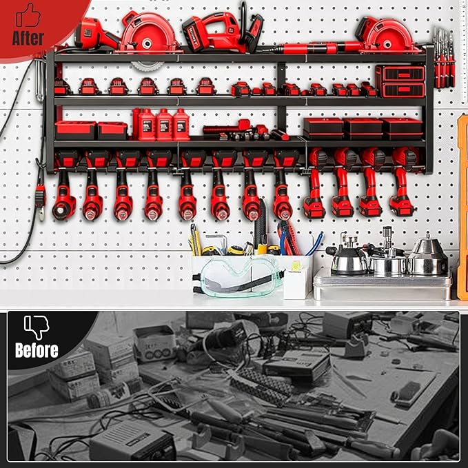 CRELYSTER 50" W Large Power Tool Organizer Wall Mount, Load 600lbs, 4 Layer Heavy Duty 12 Cordless Drills Holder, Battery Tool Storage Rack for Workbench, Workbench,Garage,Shed