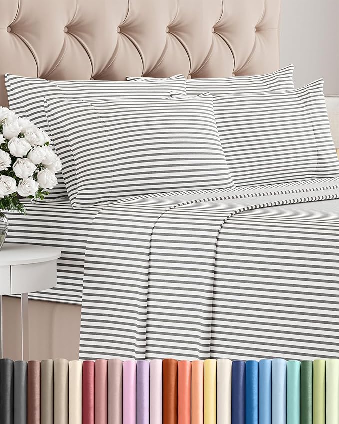 Cal King 6 Piece Sheet Set - Comfy Breathable & Cooling - Soft Hotel Luxury Bedding Set w/ 8-16 Inch Deep Pockets - 1 Flat & 1 Fitted Sheet & 4 Pillowcases - Wrinkle Free & Easy Care - Grey Stripes 2