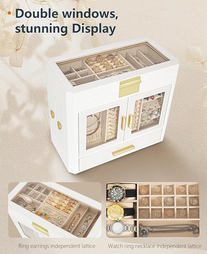 11" Large Jewelry Box White Woven PU Leather Storage Case Holds 100+ Pieces, Jewelry Case with Metal Handles for Necklaces, Rings, Earrings – Elegant Gift for Women