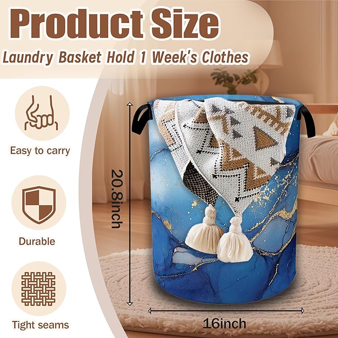 Blue Gold Marble Laundry Basket, Laundry Hamper Waterproof Oxford Cloth Tote Collapsible,Clothes Storage Bucket Decorative Toy Organizer For Bathroom Bedroom 16" x 20.8"