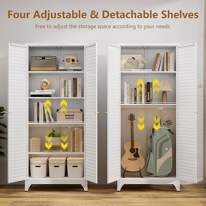 75" Kitchen Pantry Cabinet, White Metal Storage Cabinet with Doors and 4 Adjustable Shelves, Tall Metal Pantry Cabinets, Large Cupboard for Kitchen, Dining Living Room, Bathroom, Office