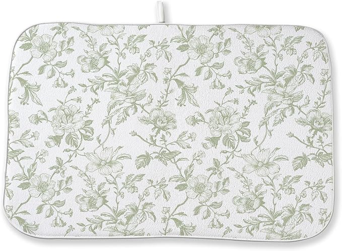 Sage Green Floral Dish Drying Mat 18 x 24 Inch Vintage Light Green Floral Drying Mat for Kitchen Counter Absorbent Spring Summer Flowers Dishes Dry Pad for Drainer Rack Kitchen Fast Dry