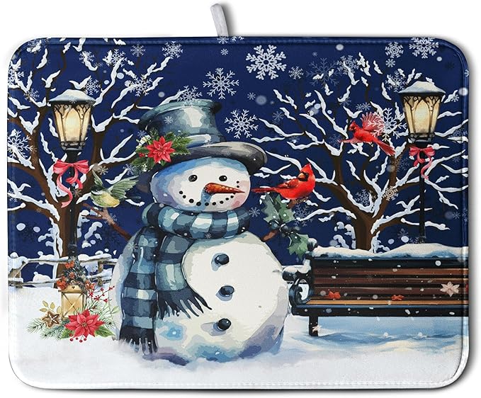 Kwlegh Winter Snowman Dish Drying Mat for Kitchen Counter 18x24, Xmas Snowflakes Dish Drainer Mat Snowy Night Drying Kitchen Mats Cardinal Birld Dish Pad Absorbent Reversible Coffee Mats for Dishes