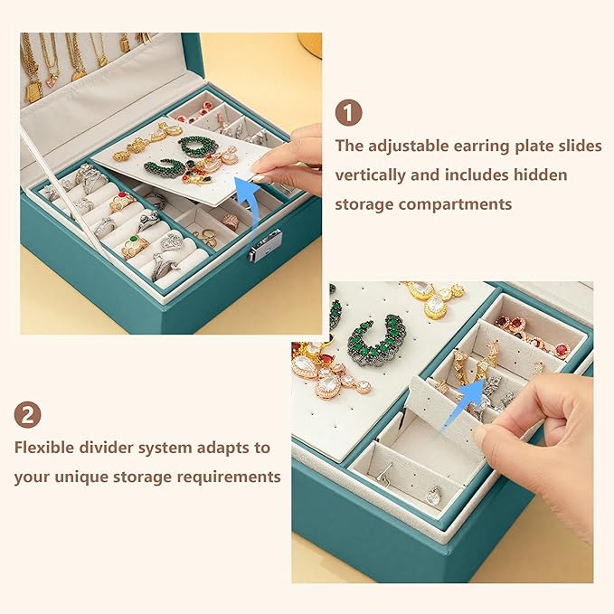 Homeanda Jewelry box 2 layer Jewelry box Leather Jewelry boxes for Women Girls Teens Jewelry organizer box Jewelry Storage box with lock(Green)