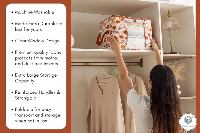 Canvas Storage Bags Designer Organizer 2 Pack – Seasonal Storage for Sweaters, Blankets, Linens & Garments – Foldable Design with Zip & Window, Moth-Proof Space Saver, Autumn Print