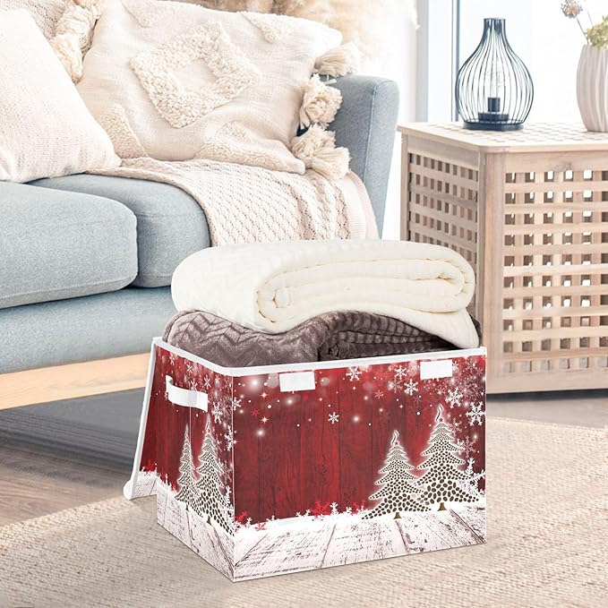 senya Christmas Storage Baskets Collapsible Bins with Lids, Christmas Coffee Tree Red Wooden Storage Boxes Clothes Baskets for Organizing
