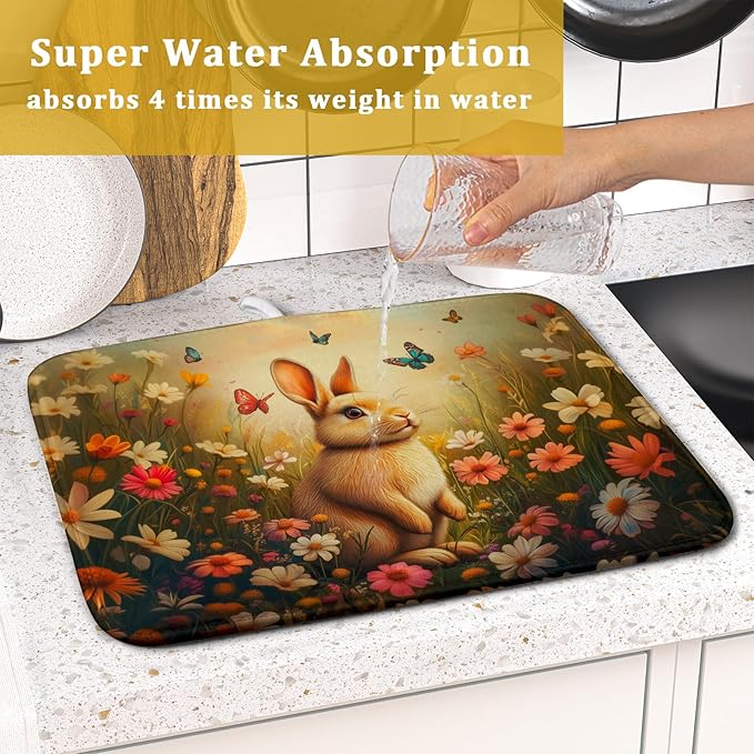 Giwawa Easter Bunny Dish Drying Mat Flower Butterfly Kitchen Drainer Mat 16x18 inch Absorbent Reversible Dish Rack Pad for Counter Tabletop Decor