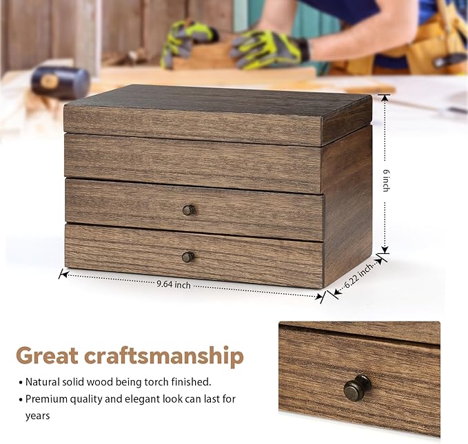 Meangood Jewelry Box Organizer for Women, 3 Layer Large Jewelry Storage Case, Rustic Wooden Jewelry Box with Mirror & Ring Tray for Necklace Earring Bracelets Rings, Vintage Style (Walnut)