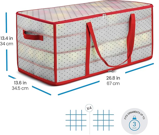 ZOBER Christmas Ornament Storage Box - Stores 128 Ornaments W/ 2 Sided Zipper - Flexible Plastic Christmas Ornament Storage Containers - 3 Inch Cube Compartments - Red