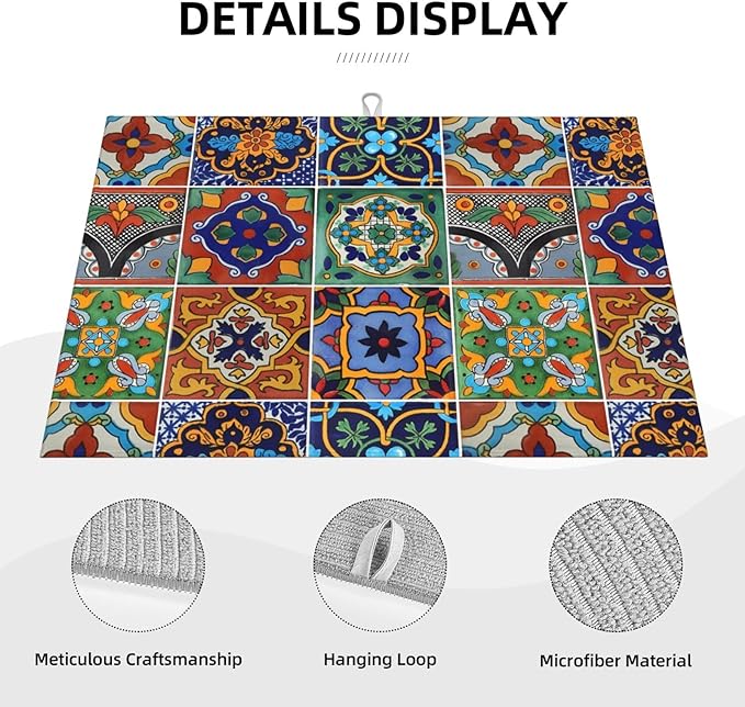 Talavera Mexican Tiles Dish Drying Mat For Kitchen Counter, Super Absorbent Microfiber Dish Drying Pad, Kitchen Gadgets For Easy Clean Multi-Use Large 18"x24"