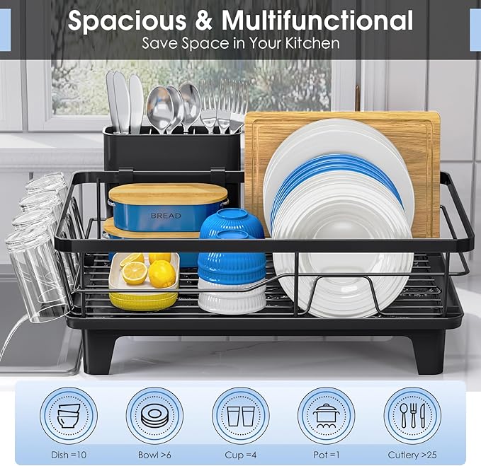 Urackify Dish Drainers for Kitchen Counter - Large Capacity Dish Drying Rack with Drainboard, Rustproof & Sturdy Design, Black Dish Rack Perfect for Plates, Cups & Kitchen Countertop Organization