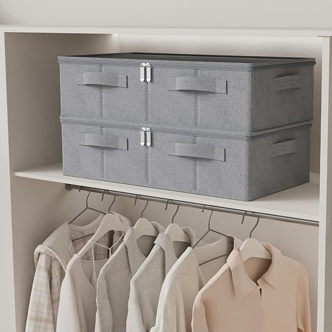 ENUMAIL Underbed Storage Box, Foldable Under Bed Bins Container, Fabric Closet Organizer with Lid, for Clothes, Sheets, Blankets, 23.6x11.8x5.9in, Grey, 3 Pack