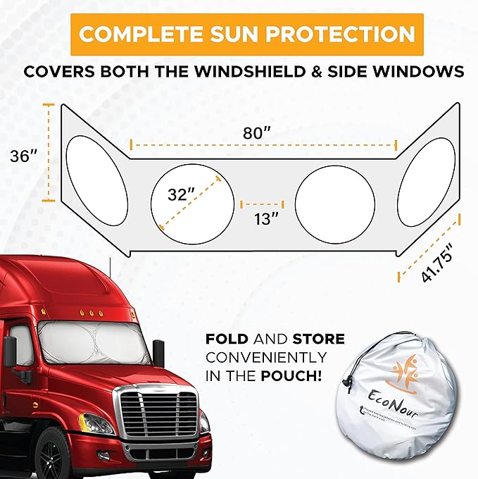 EcoNour Windshield Sun Shade for Semi Truck Windshield | Large Coverage Foldable Front Window Sunshade | Heavy Duty UV & Heat Reflective Sun Visor