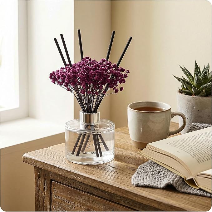 Reed Diffuser Set (6.7fl oz), Natural Lavender Essential Oil Fragrance with Glass Bottle, Black Rattan Sticks & Preserved Flowers, Up to 120 Days Lasting Fragrance for Home & Office