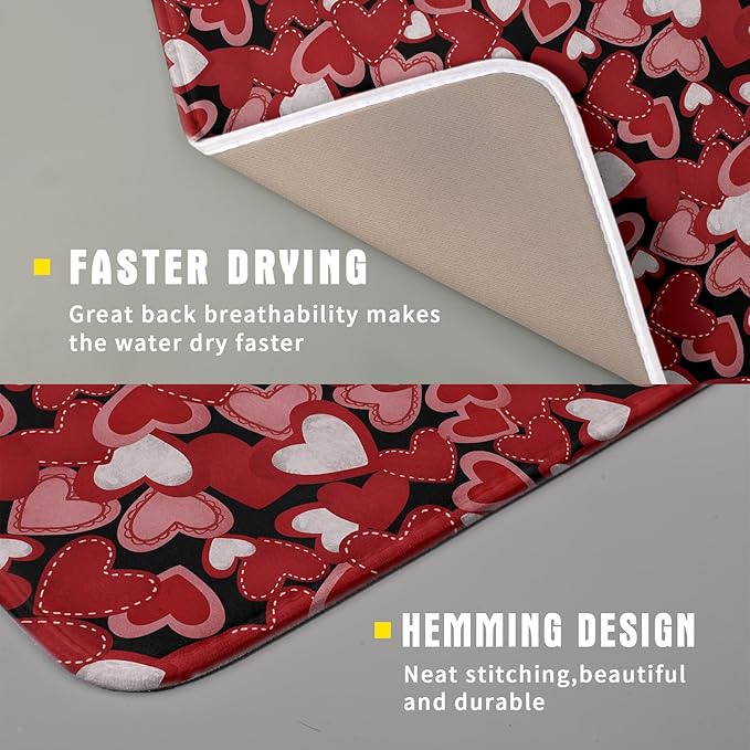 Valentines Day Dish Drying Mat for Kitchen Counter 18x16 Inch Love Drying Mat with Absorbent Reversible Microfiber Black Red Grey Heart Dish Drainer Mats Rack Pad for Coffee Countertop Protector